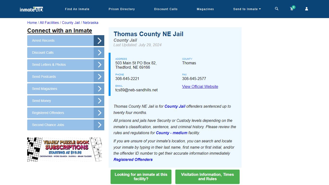 Thomas County NE Jail - Inmate Locator